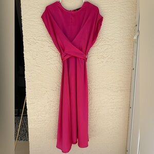 Fuchsia Wrap Midi Dress Tie Waist Silky Flowy Feminine Dress Size S